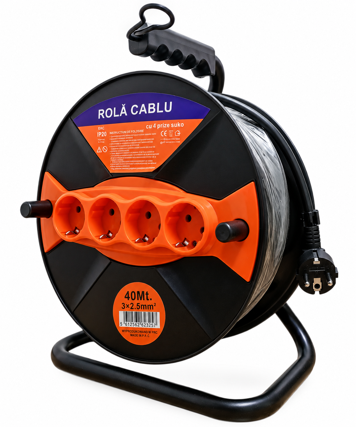 Rolă cablu prelungitor 40 m, 3x2,5 mm², 4 prize Schuko, IP20