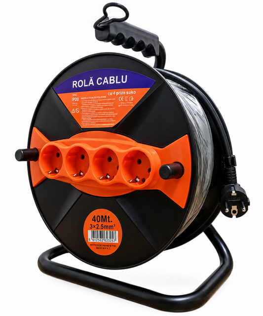 Rolă cablu prelungitor 40 m, 3x2,5 mm², 4 prize Schuko, IP20