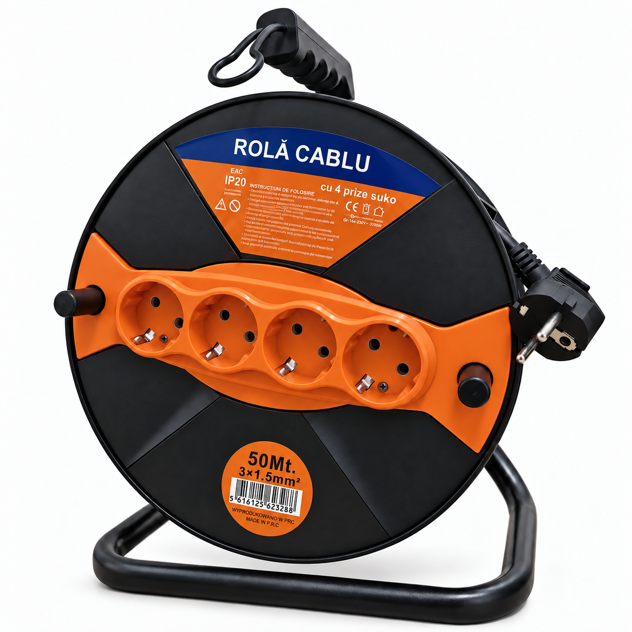 Rolă cablu prelungitor 50 m, 3x1,5 mm², 4 prize Schuko, IP20