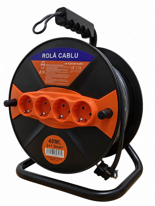 Rolă cablu prelungitor 40 m, 3x1,5 mm², 4 prize Schuko, IP20