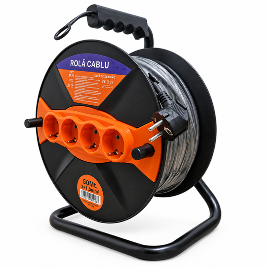 Rolă cablu prelungitor 50 m, 3x1,5 mm², 4 prize Schuko, IP20
