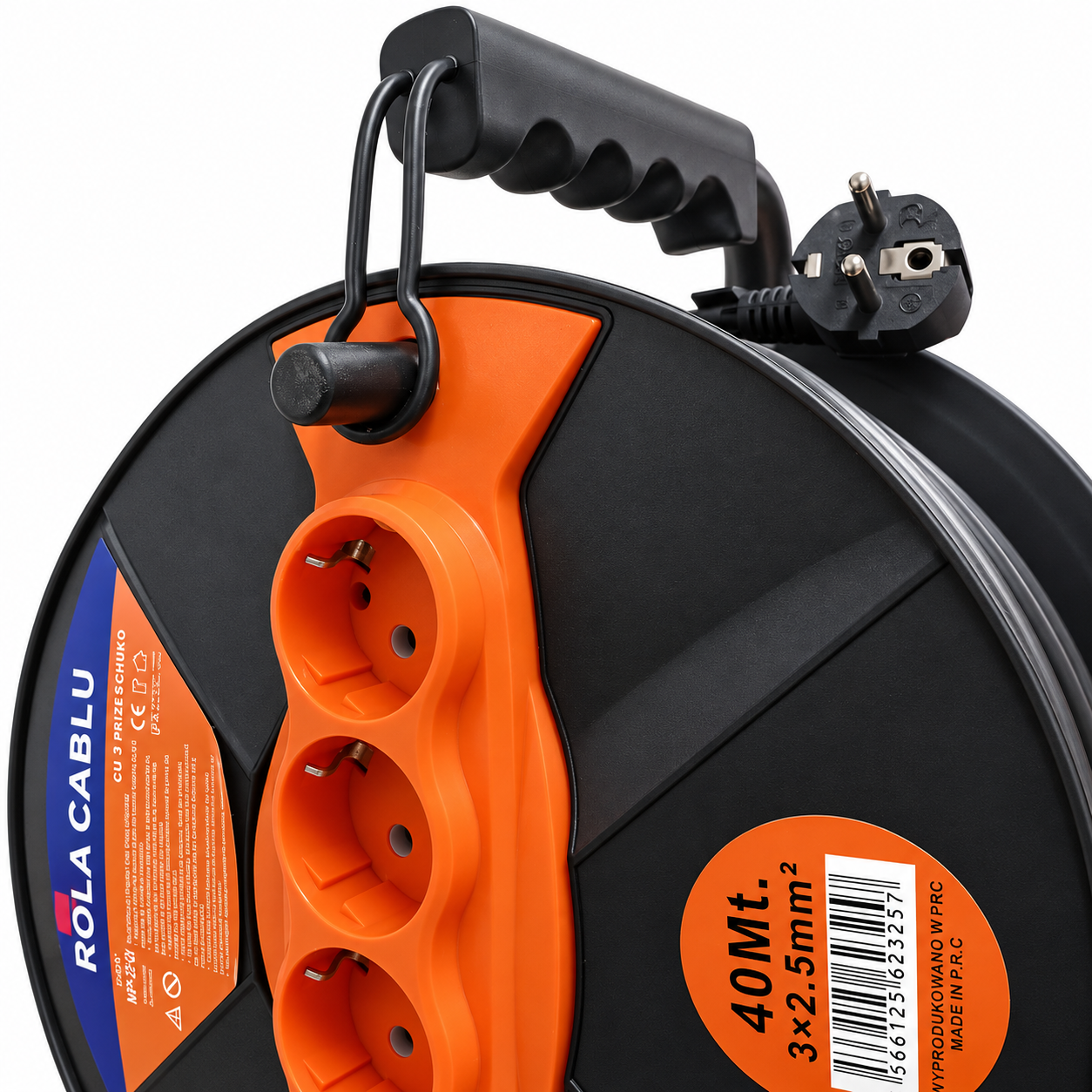 Rolă cablu prelungitor 40 m, 3x2,5 mm², 4 prize Schuko, IP20