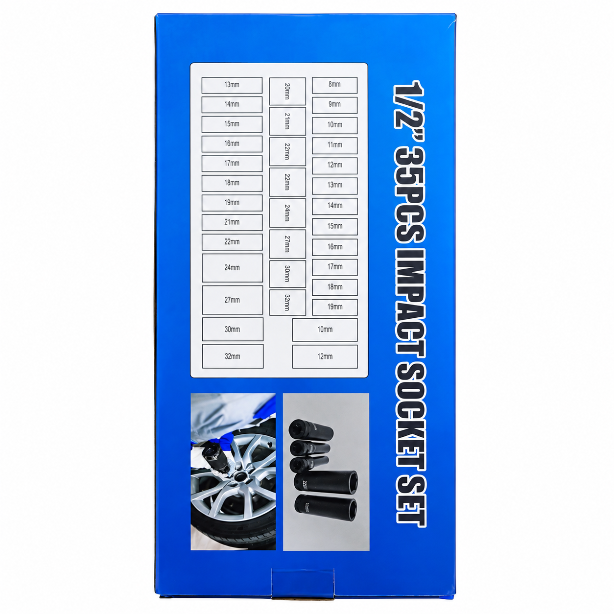 Trusă Tubulare de Impact 35 Piese, 1/2”, Dimensiuni 8–32 mm, Tubulare Lungi și Scurte, Cutie Metalică