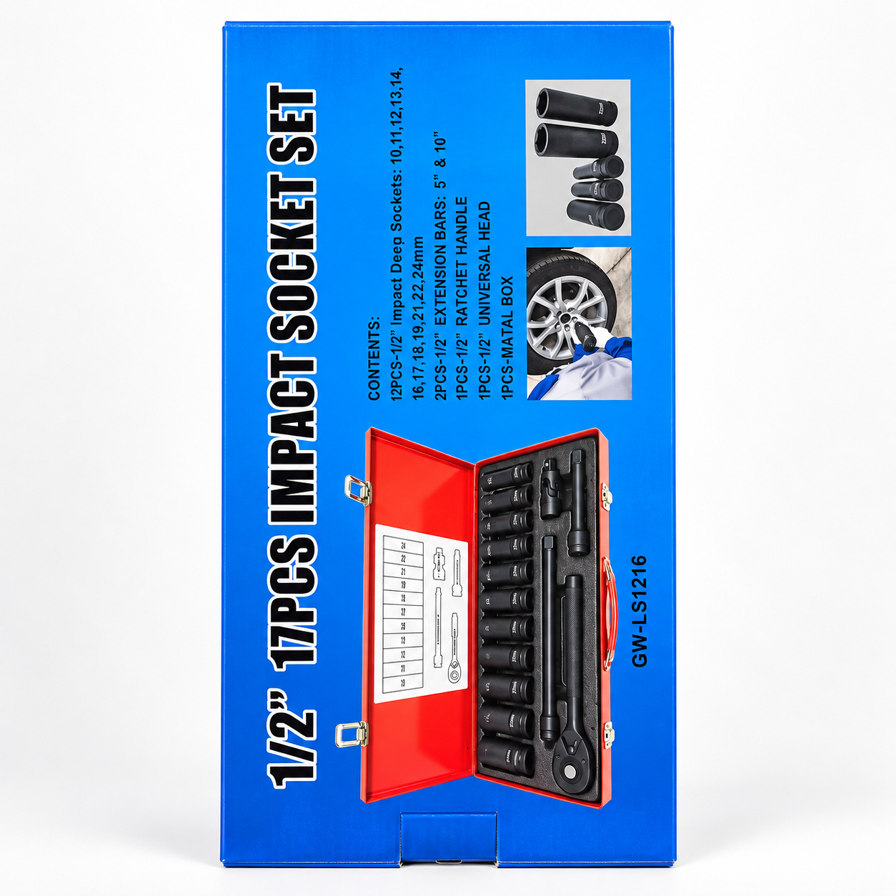 Trusă Tubulare de Impact 17 Piese, 1/2”, Dimensiuni 10–24 mm, Clichet, Prelungitoare și Cutie Metalică
