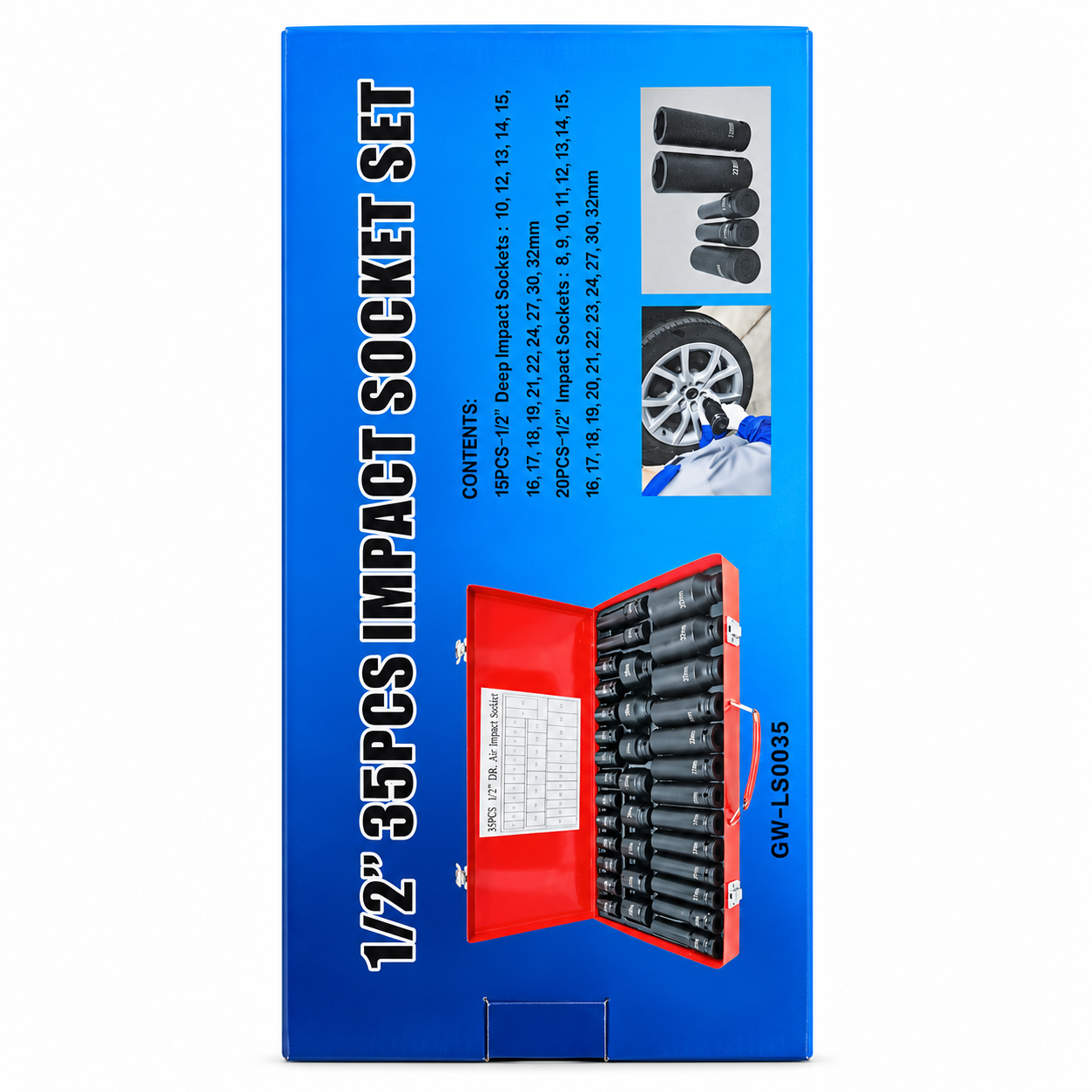 Trusă Tubulare de Impact 35 Piese, 1/2”, Dimensiuni 8–32 mm, Tubulare Lungi și Scurte, Cutie Metalică