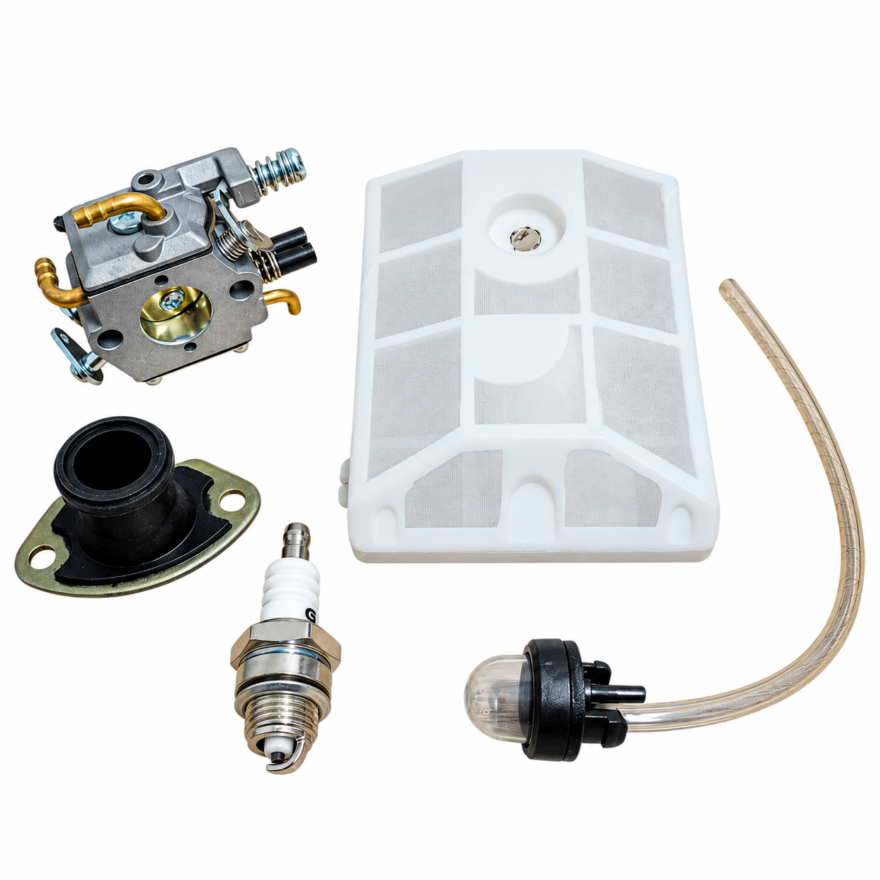 Set carburator pentru drujbă cu pompiță de amorsare, galerie admisie, filtru aer 11 × 8 cm și bujie