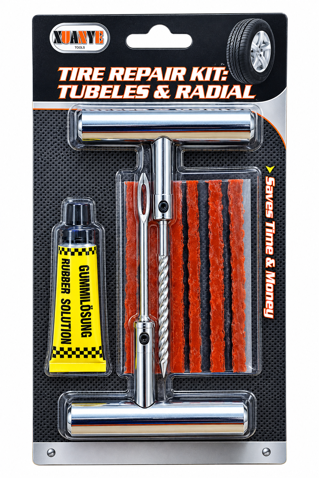 Kit reparații anvelope tubeless – set complet cu șnururi, adeziv și unelte metalice