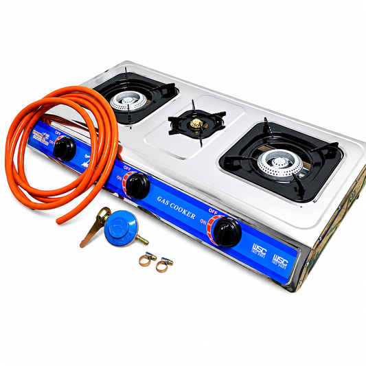 Aragaz portabil inox 3 ochiuri + furtun 3m + regulator + coliere – Aprindere Piezo