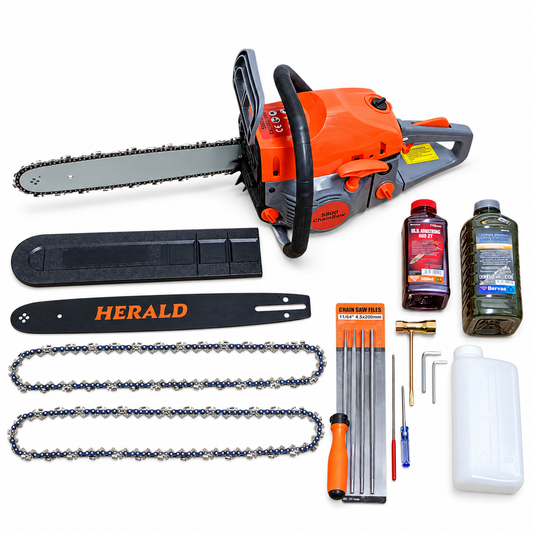 Pachet Drujbă pe Benzină 5800 + 3 Lanțuri 32 Dinți + 2 Lame 16 inch + Set Pile + Uleiuri + Accesorii Montaj