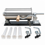 Mașină de umplut cârnați orizontală, 4 kg, din inox, acționare manuală, 4 pâlnii de 15, 19, 22 și 25 mm, fixare pe masă