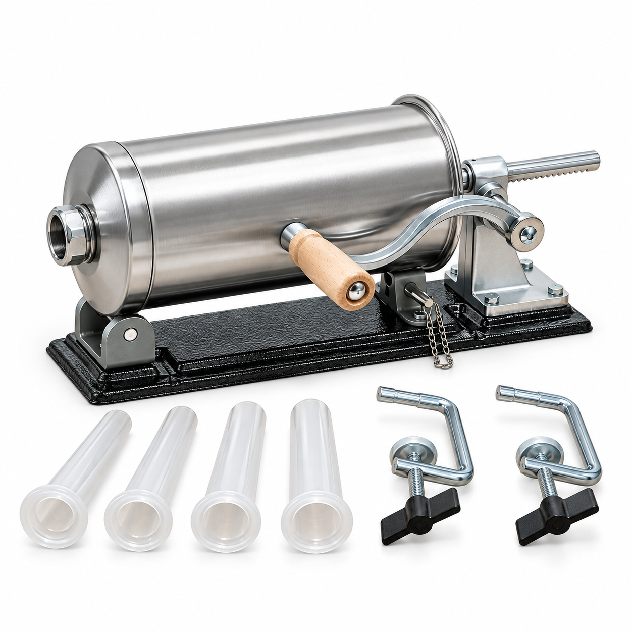 Mașină de umplut cârnați orizontală, 4 kg, din inox, acționare manuală, 4 pâlnii de 15, 19, 22 și 25 mm, fixare pe masă