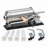 Mașină de umplut cârnați orizontală, 4 kg, din inox, acționare manuală, 4 pâlnii de 15, 19, 22 și 25 mm, fixare pe masă