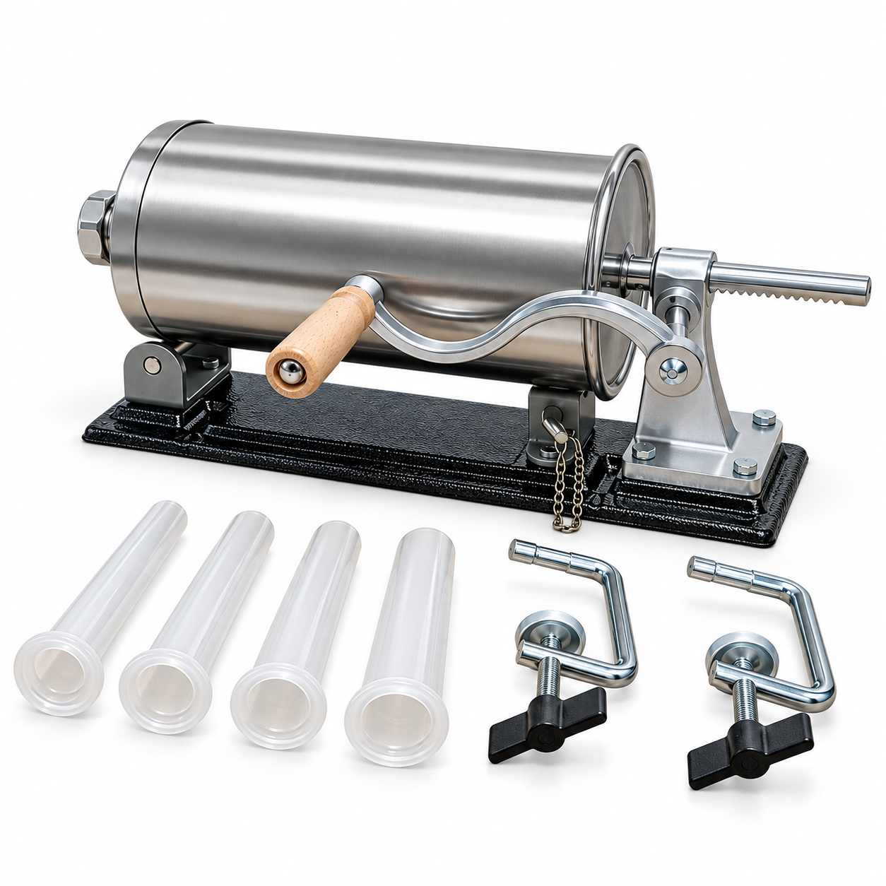 Mașină de umplut cârnați orizontală, 4 kg, din inox, acționare manuală, 4 pâlnii de 15, 19, 22 și 25 mm, fixare pe masă