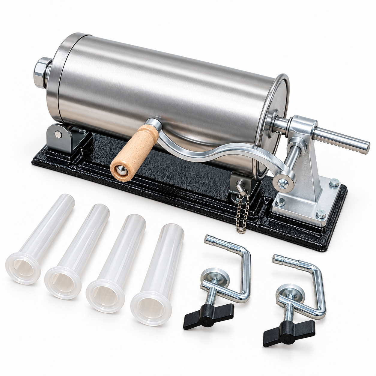 Mașină de umplut cârnați orizontală, 4 kg, din inox, acționare manuală, 4 pâlnii de 15, 19, 22 și 25 mm, fixare pe masă