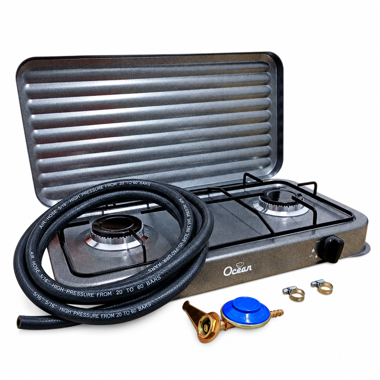 Aragaz portabil cu 2 ochiuri + furtun 3 m + regulator gaz + 2 coliere
