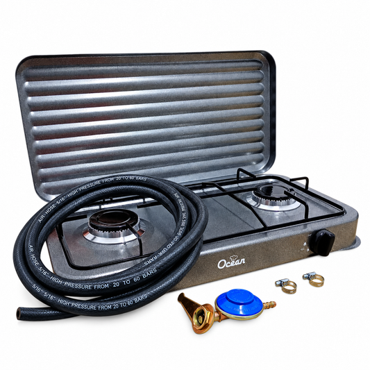 Aragaz portabil cu 2 ochiuri + furtun 3 m + regulator gaz + 2 coliere