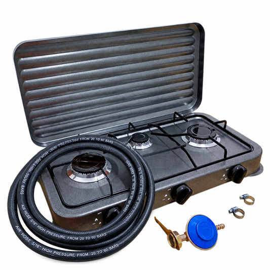Aragaz portabil cu 3 ochiuri + furtun 3 m + regulator gaz + 2 coliere