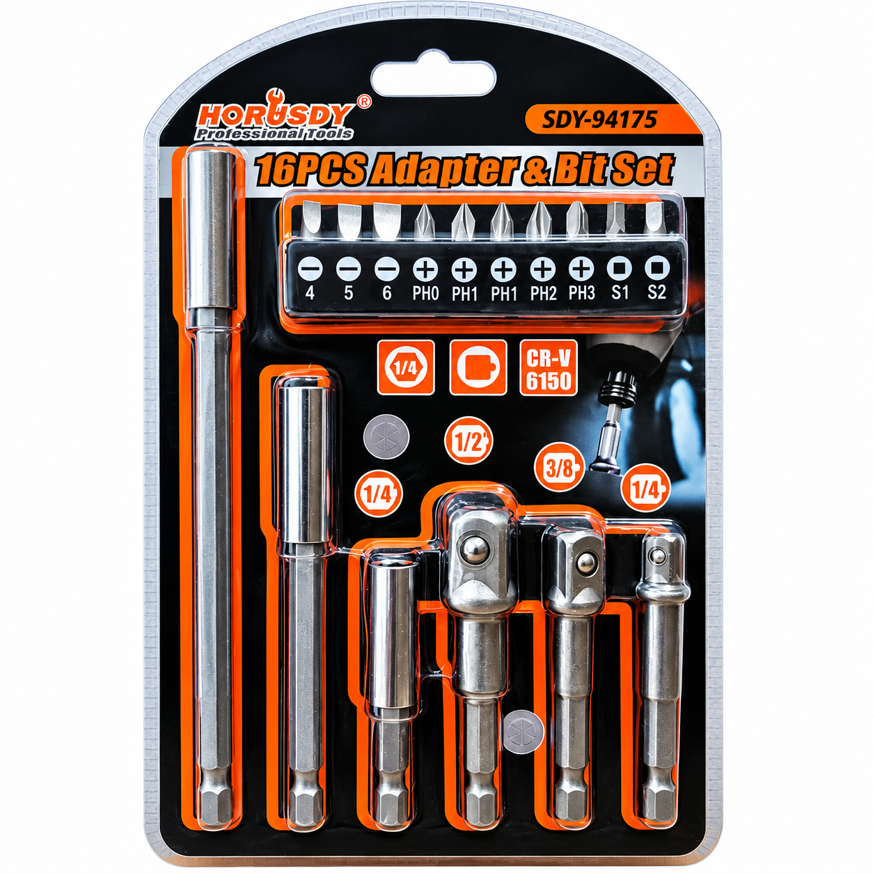 Set adaptoare și biți 16 piese – CR-V, prindere hexagonală 1/4, 3/8, 1/2