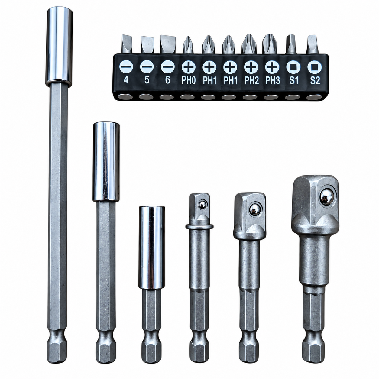 Set adaptoare și biți 16 piese – CR-V, prindere hexagonală 1/4, 3/8, 1/2