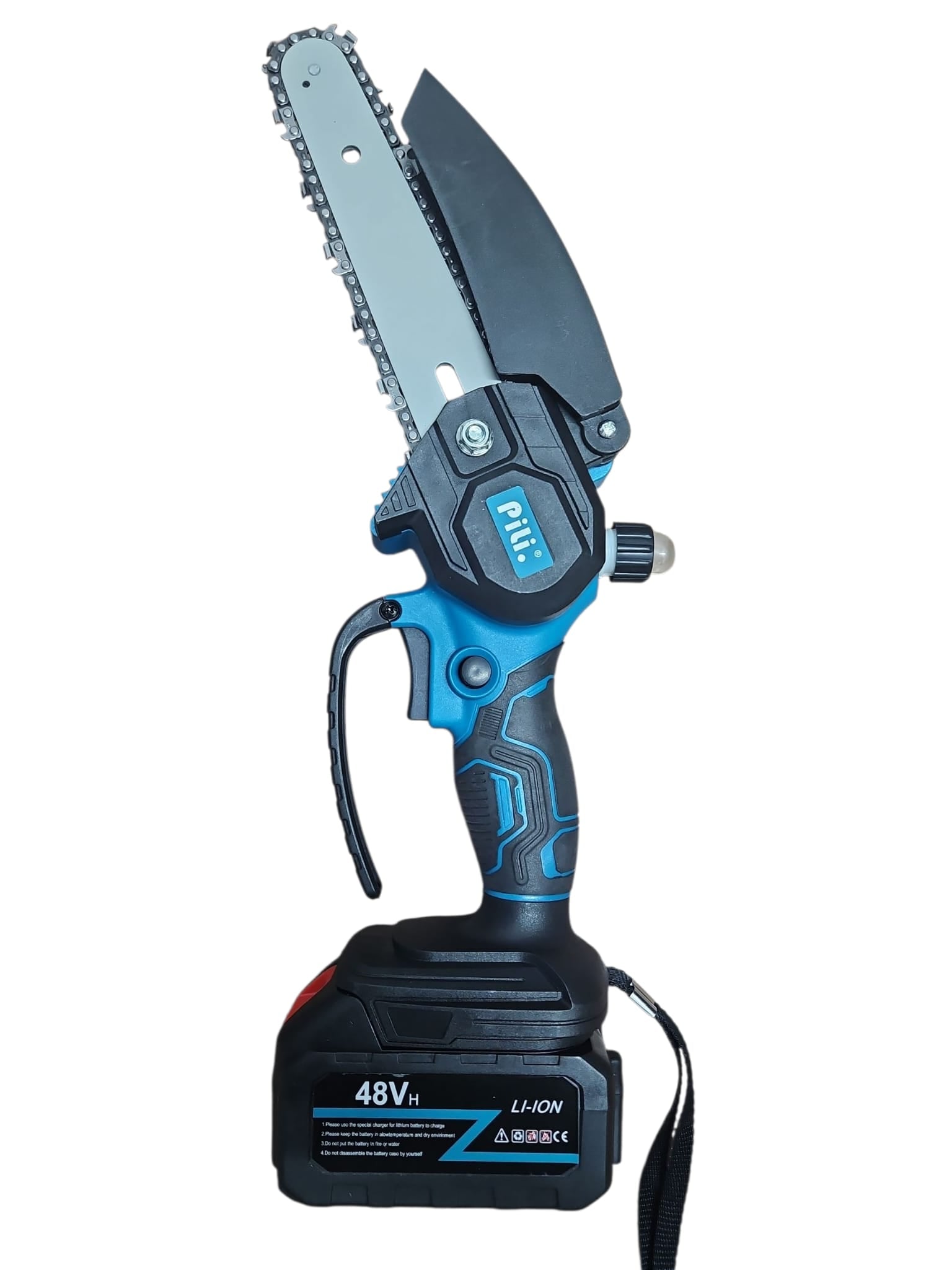 Mini Drujbă Electrică Pili® 48V – Lamă 6 Inch (18,5 cm) cu Ungere Automată, 2 Acumulatori, 2 Lanțuri + 2 Lame, Set Complet