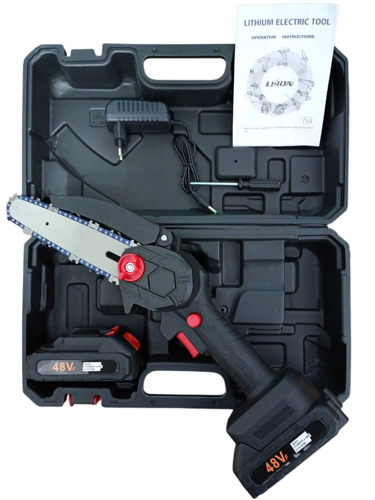 Mini Drujbă Electrică 48V cu Lamă 6 Inch (18,5 cm) – Set Complet cu 2 Acumulatori și Valiză