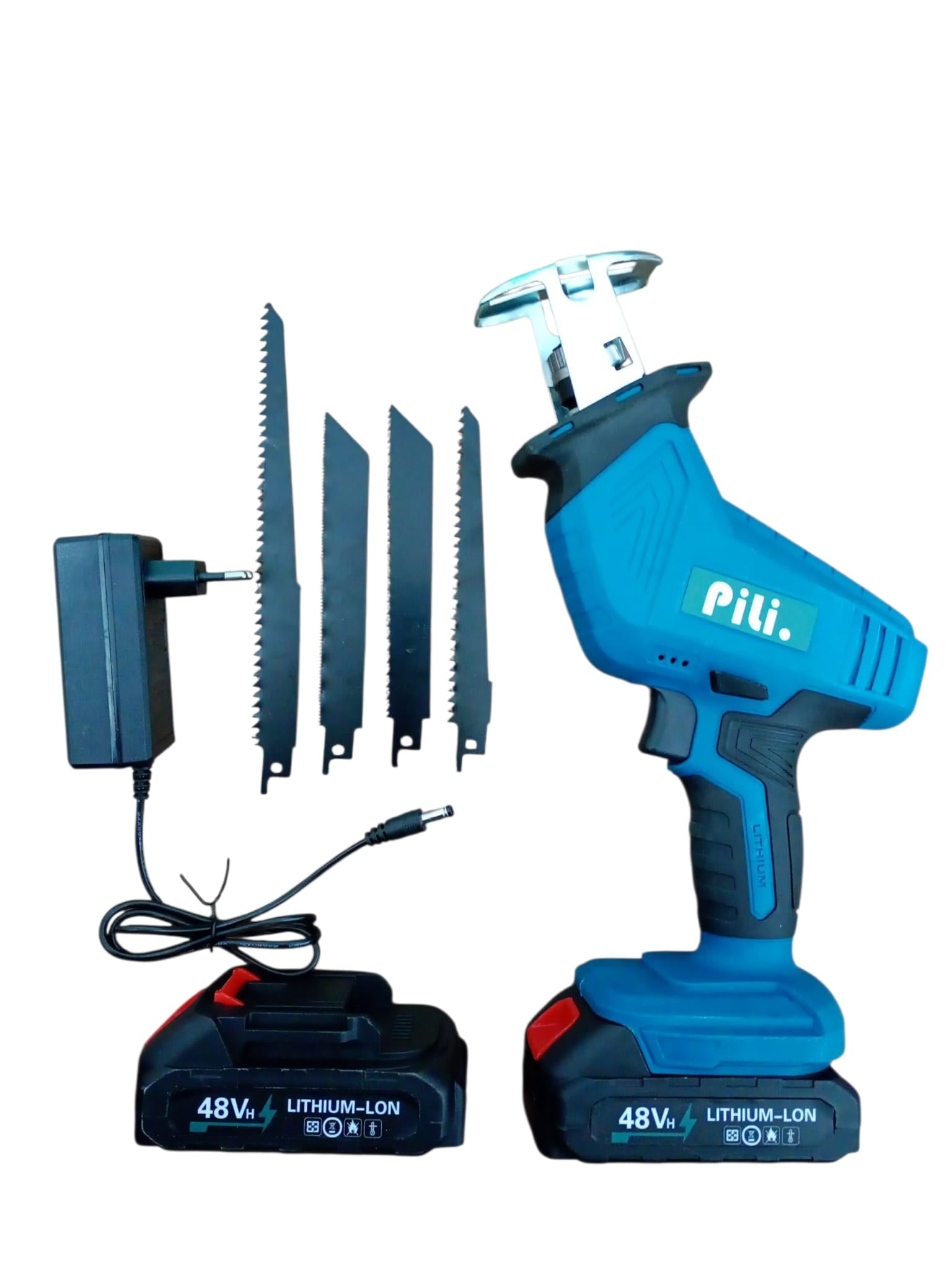 Fierăstrău Sabie cu Acumulator 48V, 2 Baterii Li-Ion + 4 Lame, Set Complet