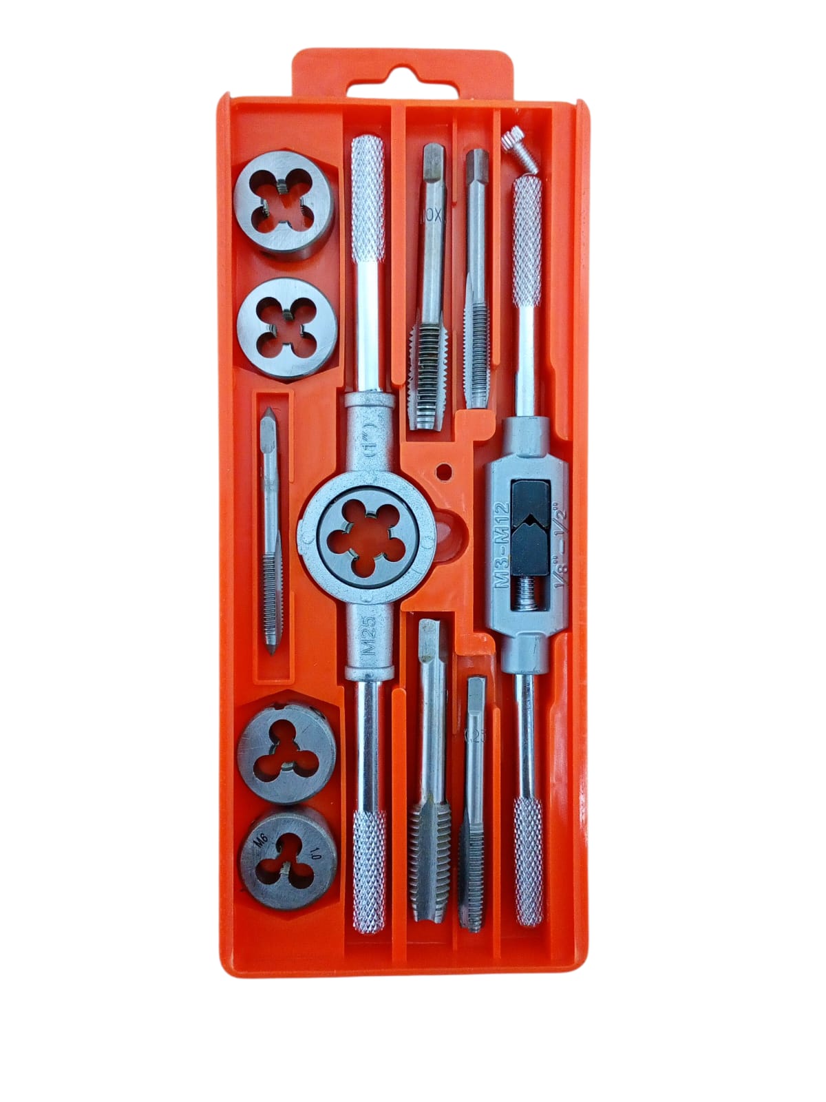 Set tarozi și filiere 12 piese, M6–M12, cu suport și mânere