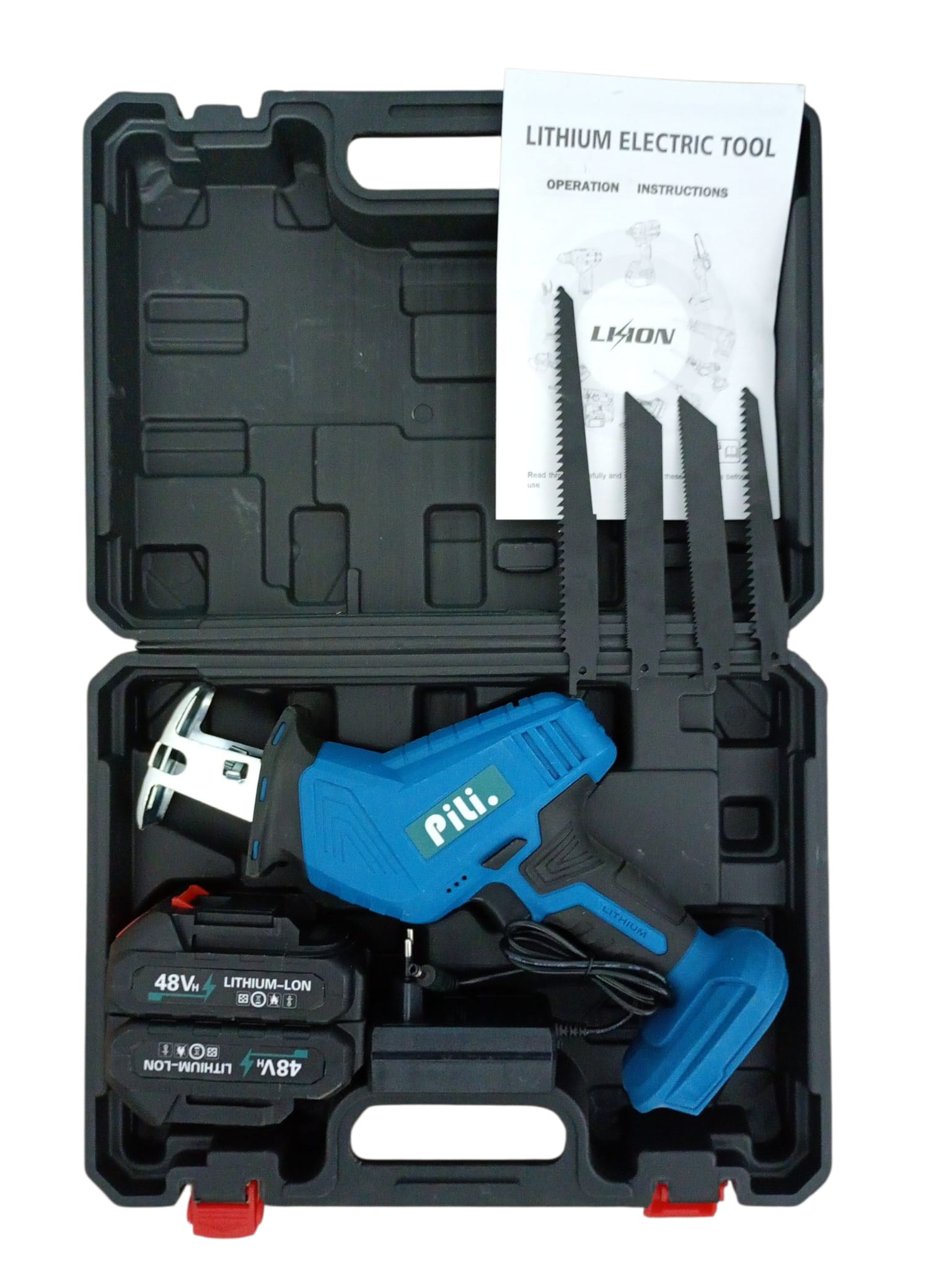 Fierăstrău Sabie cu Acumulator 48V, 2 Baterii Li-Ion + 4 Lame, Set Complet