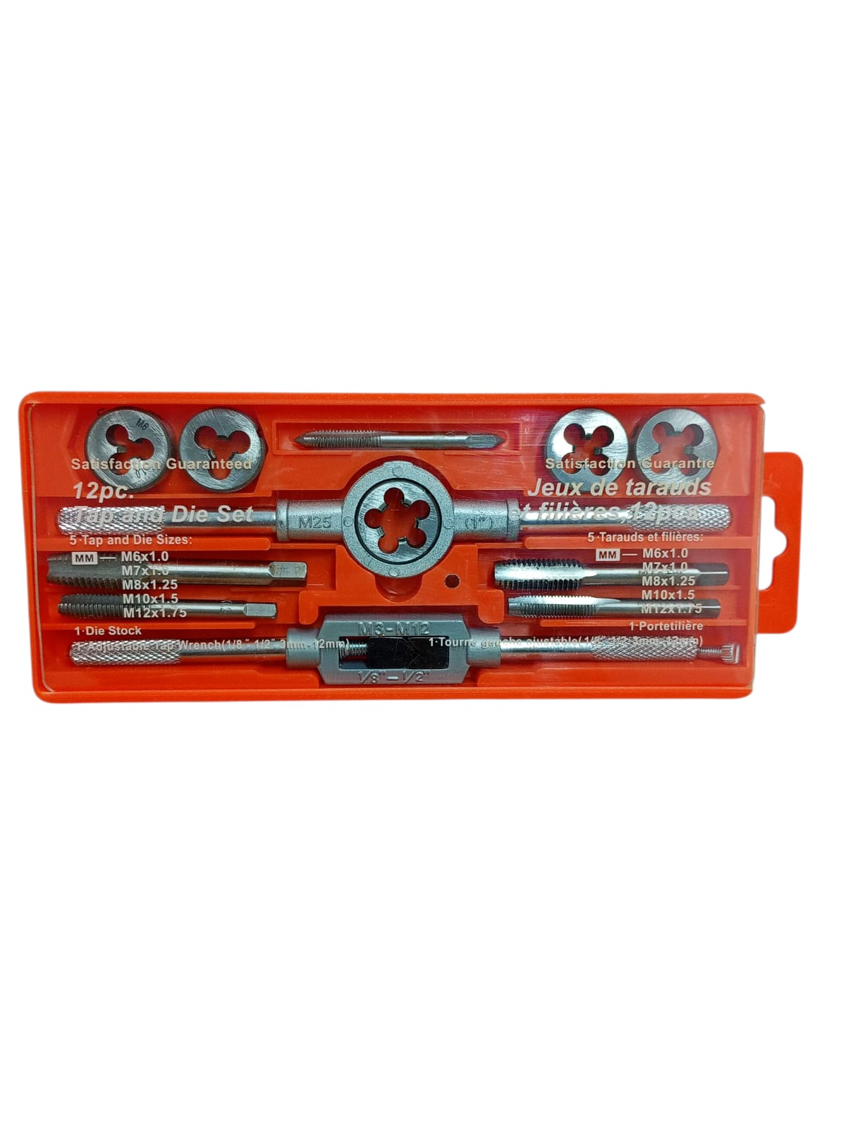 Set tarozi și filiere 12 piese, M6–M12, cu suport și mânere