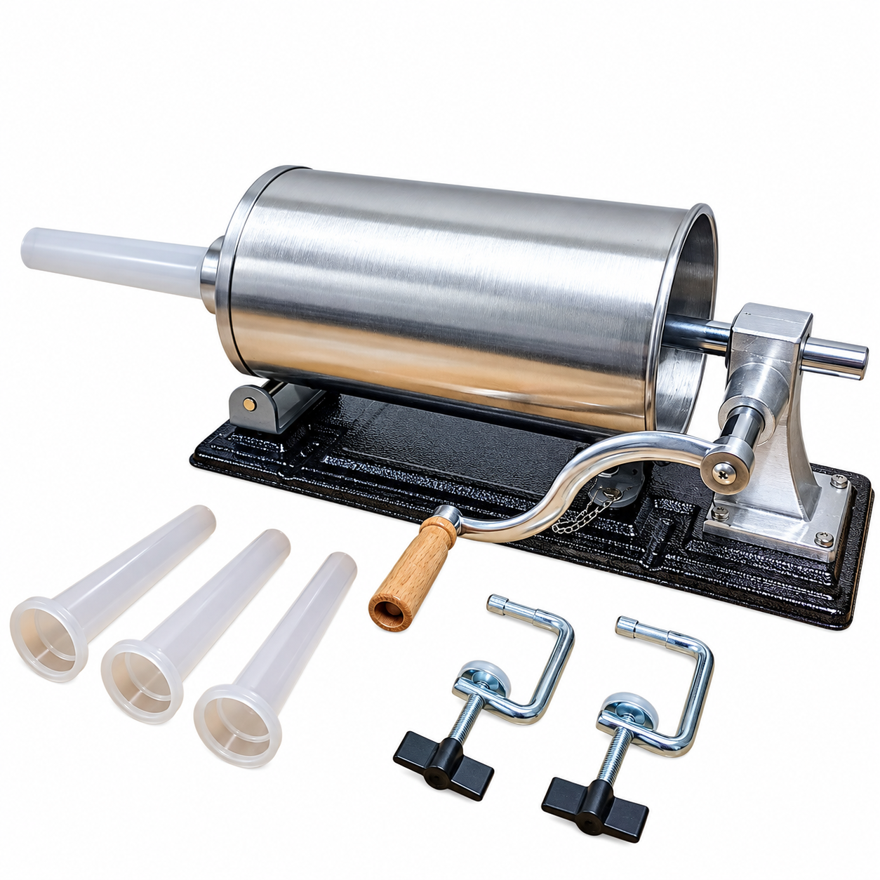 Mașină de umplut cârnați orizontal, 6 kg, din inox, acționare manuală, 4 pâlnii de 17, 21, 25 și 29 mm, fixare pe masă