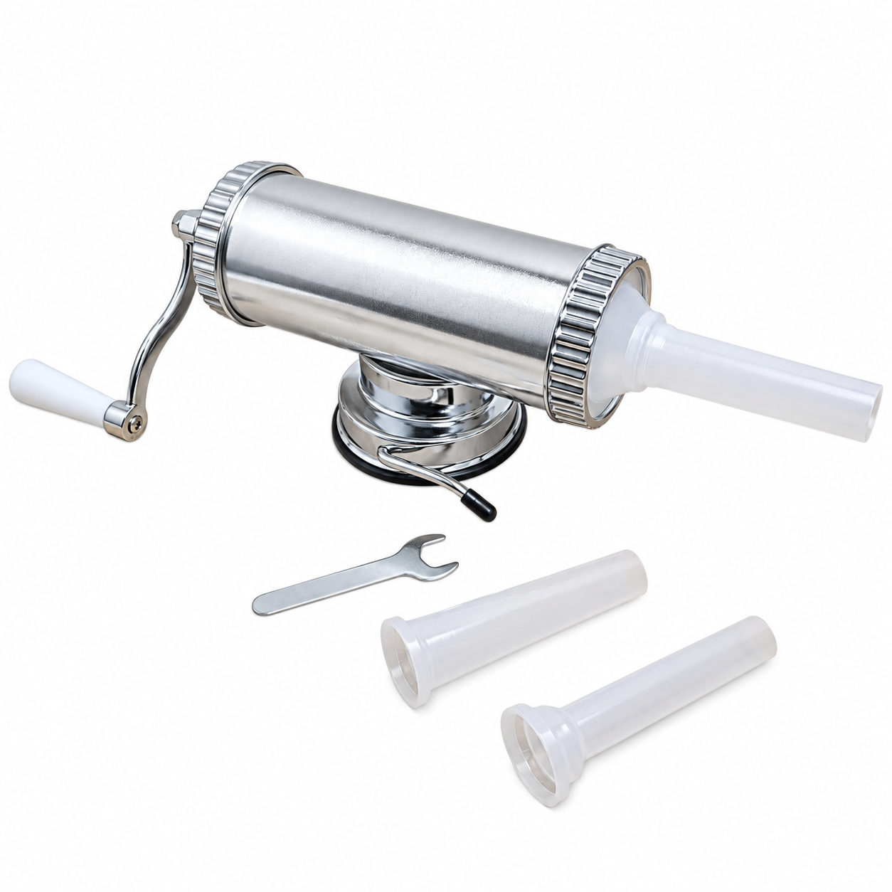 Aparat de făcut cârnați orizontal, 1 kg, corp din inox, acționare manuală, fixare cu ventuză, 3 pâlnii de 15, 19 și 22 mm