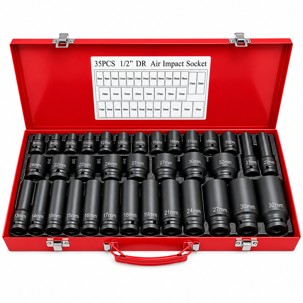 Trusă Tubulare de Impact 35 Piese, 1/2”, Dimensiuni 8–32 mm, Tubulare Lungi și Scurte, Cutie Metalică