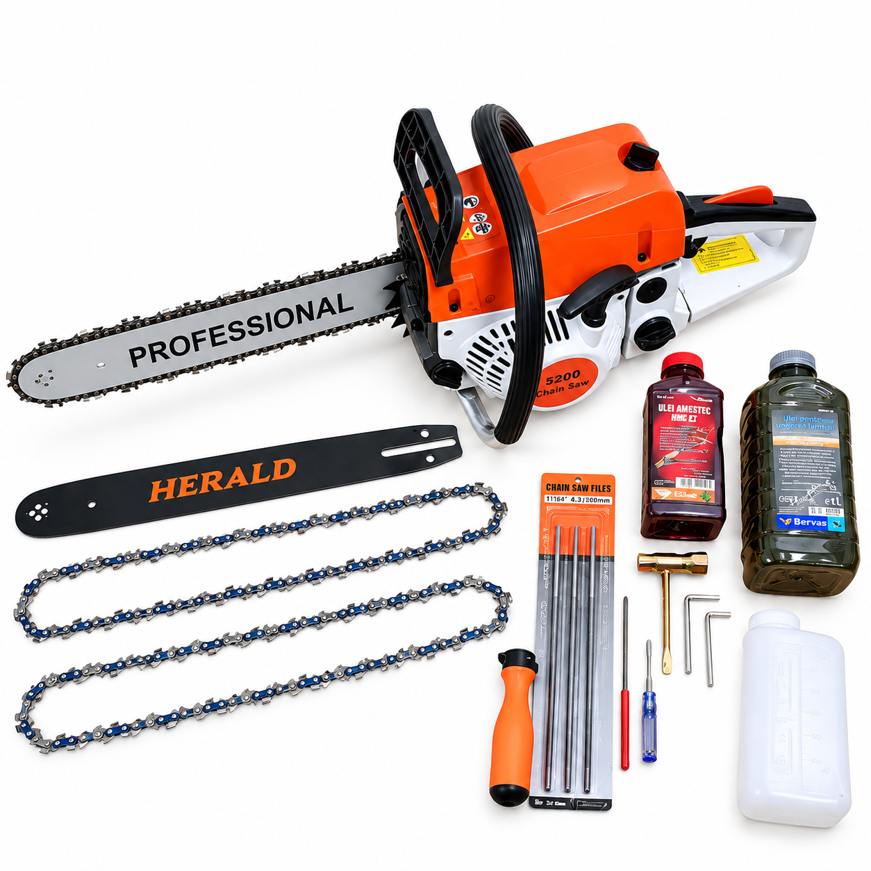 Pachet Drujbă pe benzină 5200, 3CP, lamă 16”, cu 3 lanțuri, 2 lame, set pile, uleiuri și accesorii montaj