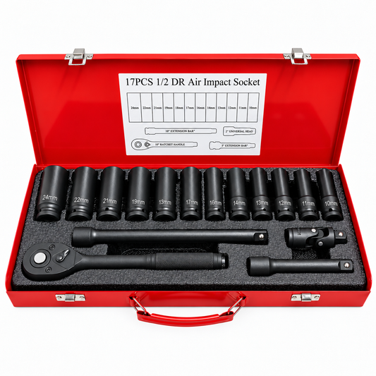 Trusă Tubulare de Impact 17 Piese, 1/2”, Dimensiuni 10–24 mm, Clichet, Prelungitoare și Cutie Metalică