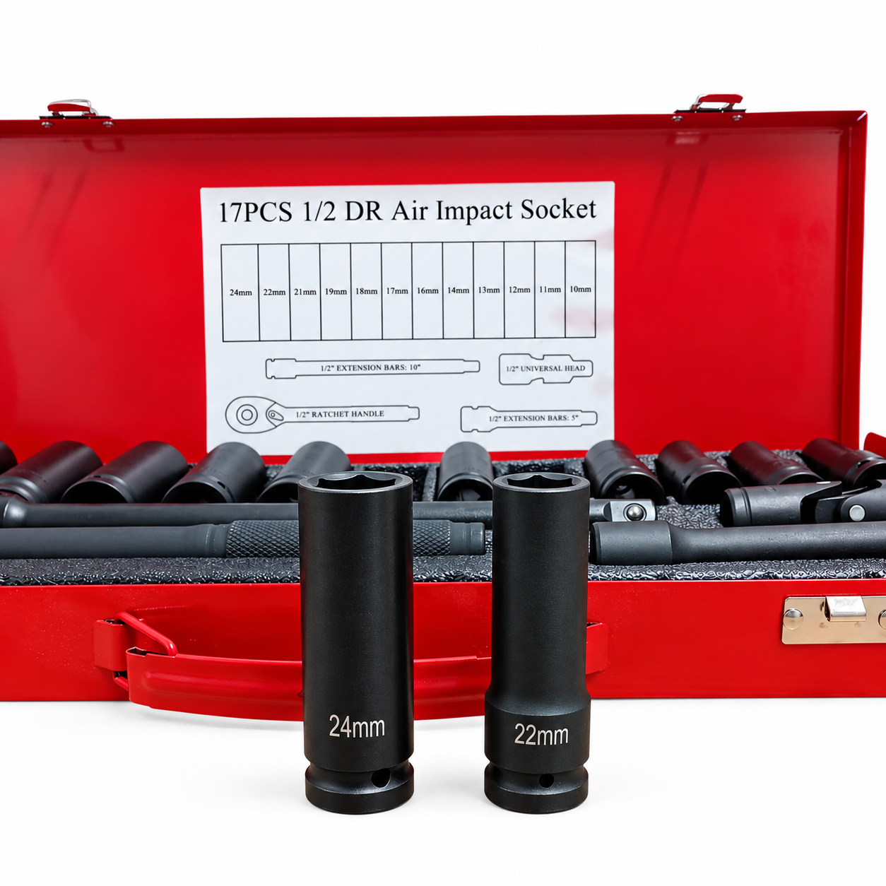 Trusă Tubulare de Impact 17 Piese, 1/2”, Dimensiuni 10–24 mm, Clichet, Prelungitoare și Cutie Metalică