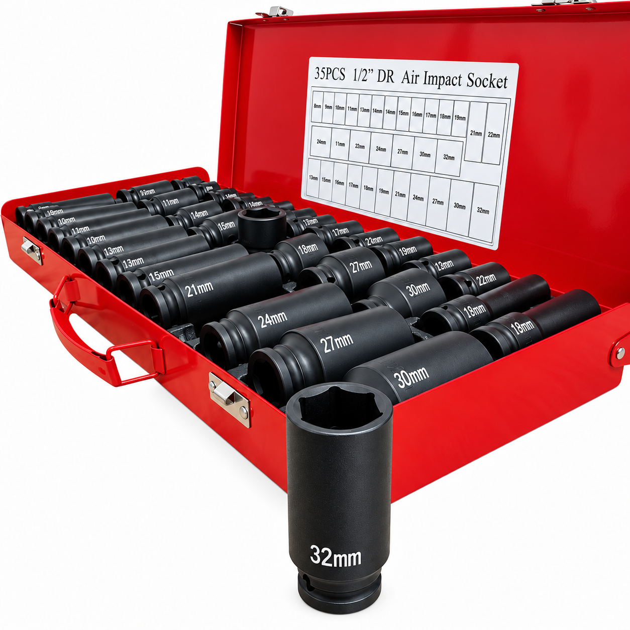 Trusă Tubulare de Impact 35 Piese, 1/2”, Dimensiuni 8–32 mm, Tubulare Lungi și Scurte, Cutie Metalică