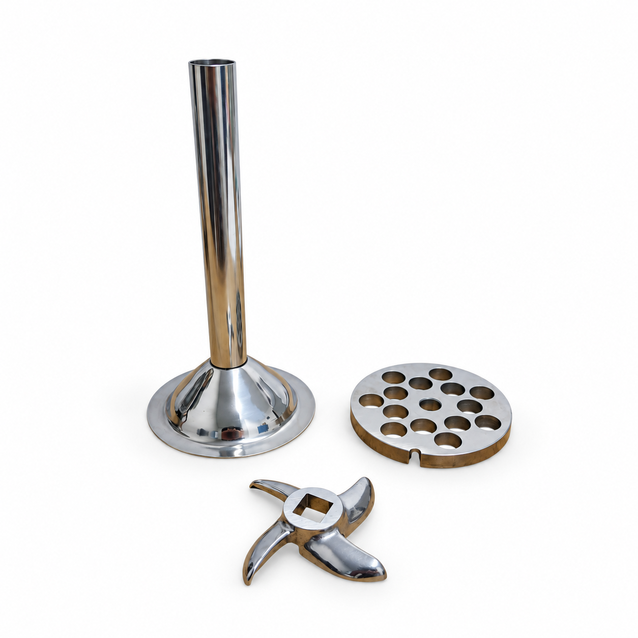 Set pentru mașină de tocat Nr. 32 – pâlnie cârnați inox Ø 2,2 cm, lungime 22 cm, cuțit inox și sită inox 16 mm