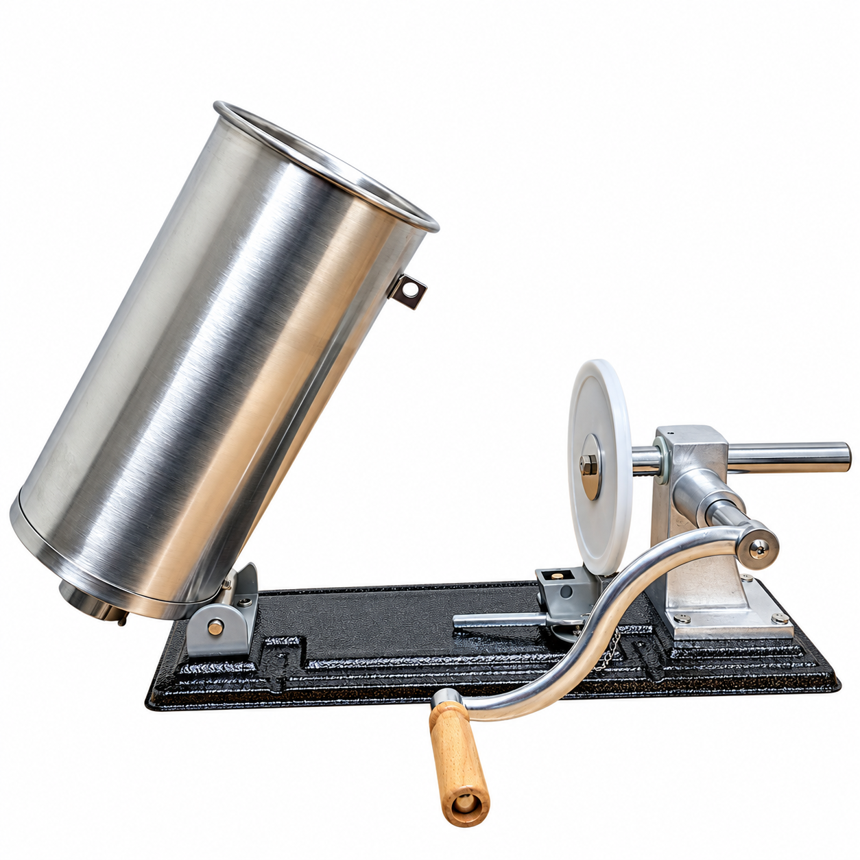 Mașină de umplut cârnați orizontal, 6 kg, din inox, acționare manuală, 4 pâlnii de 17, 21, 25 și 29 mm, fixare pe masă
