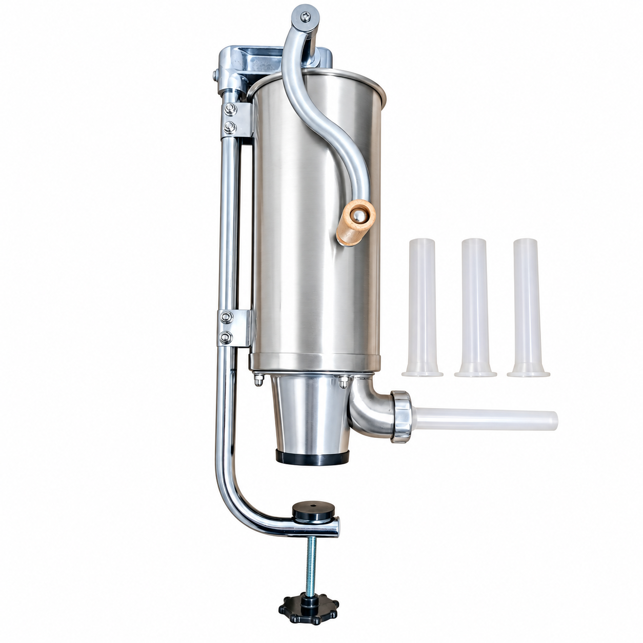 Aparat de făcut cârnați vertical, capacitate 5 kg, din inox, cu 4 pâlnii incluse
