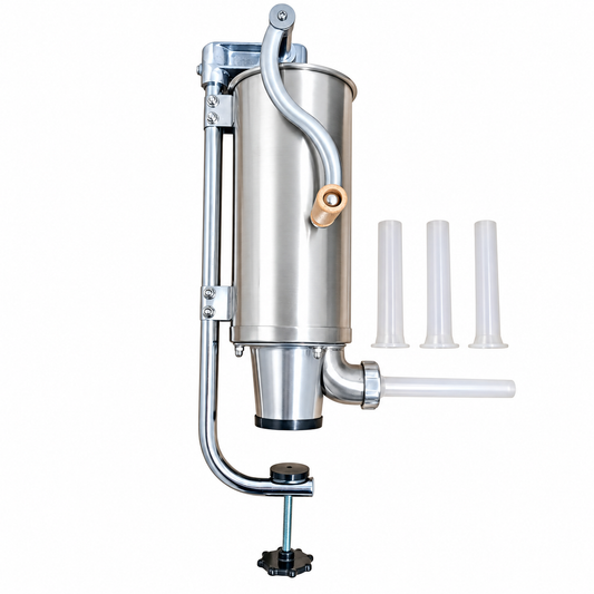 Aparat de făcut cârnați vertical, capacitate 5 kg, din inox, cu 4 pâlnii incluse