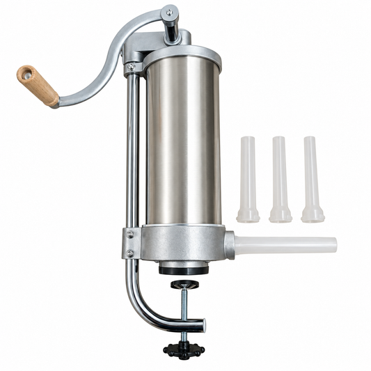 Mașină de făcut cârnați verticală, 4 kg, din inox, cu 4 pâlnii incluse