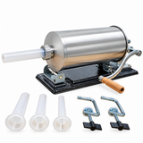 Mașină de umplut cârnați orizontal, 6 kg, din inox, acționare manuală, 4 pâlnii de 17, 21, 25 și 29 mm, fixare pe masă
