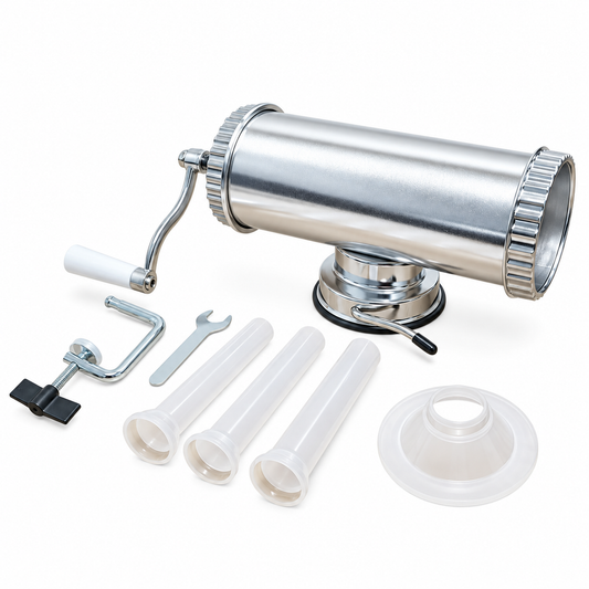 Aparat de făcut cârnați orizontal, 1,5 kg, corp din inox, acționare manuală, fixare cu ventuză, 3 pâlnii de 15, 19 și 22 mm