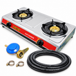 Aragaz portabil inox 2 ochiuri + furtun 3m + regulator + coliere – Aprindere Piezo