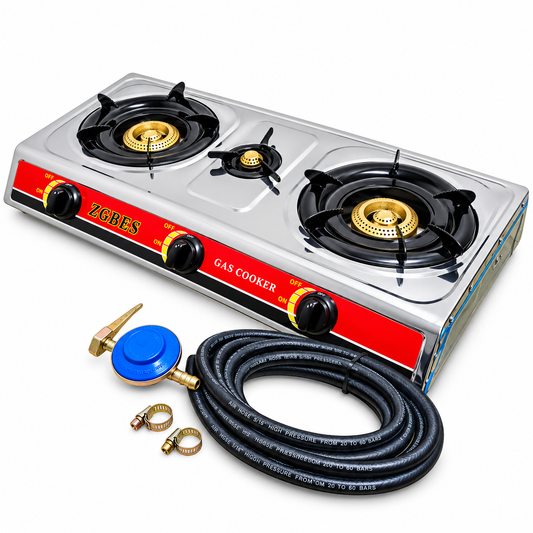 Aragaz portabil inox 3 ochiuri + furtun 3m + regulator + coliere – Aprindere Piezo