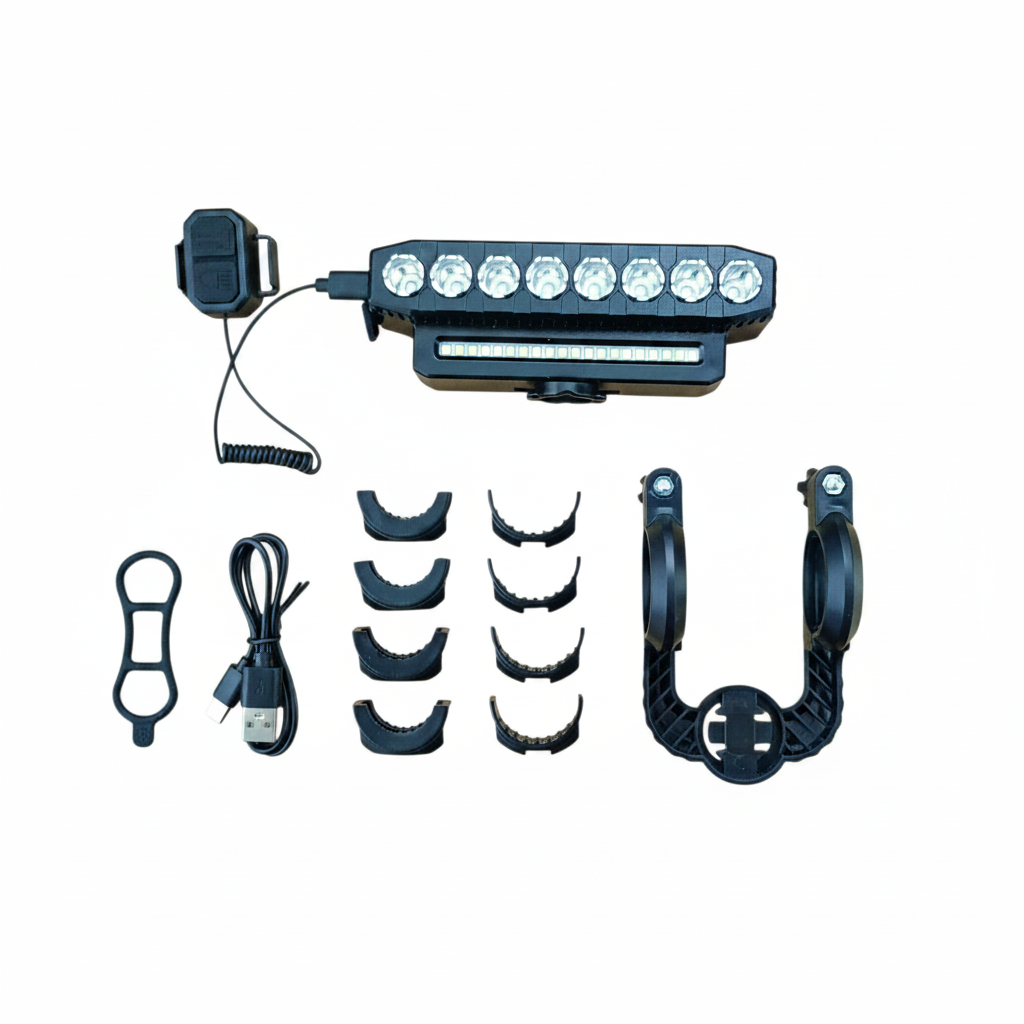 Far bicicletă reîncărcabil cu claxon, USB, 8 LED + 20 SMD