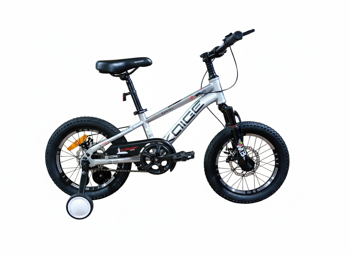 Bicicletă copii 16 inch gri metalizat cu frână pe disc și amortizor față
