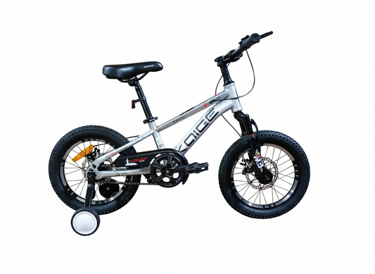 Bicicletă copii 16 inch gri metalizat cu frână pe disc și amortizor față