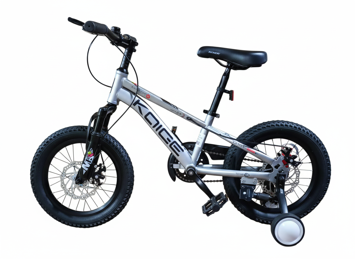 Bicicletă copii 16 inch gri metalizat cu frână pe disc și amortizor față