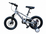 Bicicletă copii 16 inch gri metalizat cu frână pe disc și amortizor față